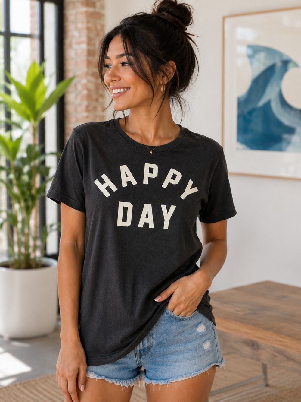 Chaser Happy Day Graphic Tee Medium Vintage Black 100% Cotton NWT Soft Crew Neck